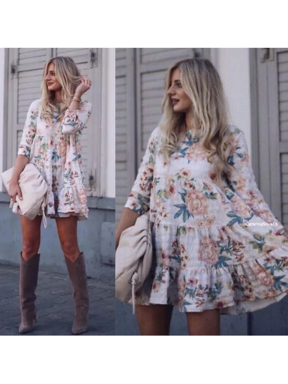 Zara Floral Tiered Babydoll Mini Dress  L White Pink Blue 3/4 Sleeve Cottagecore